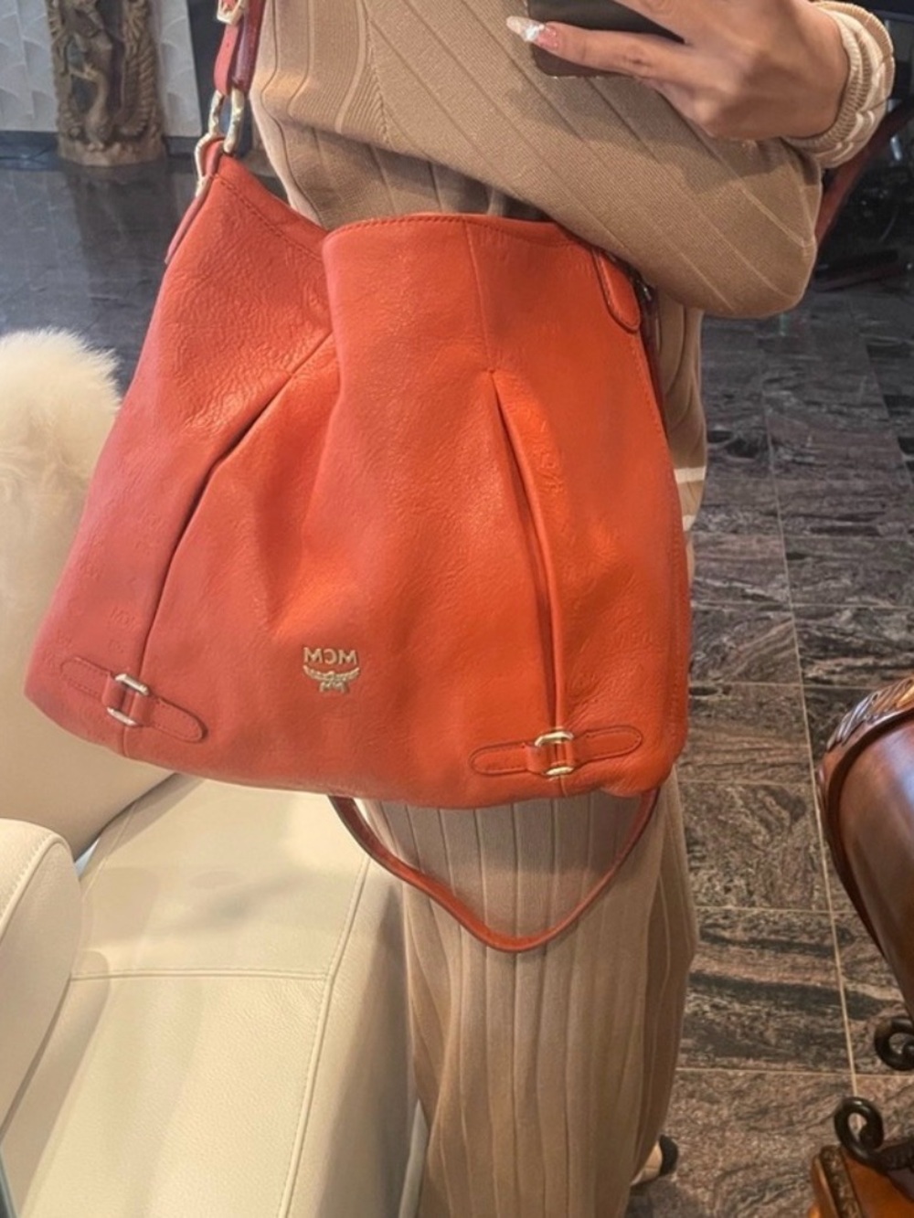 MCM Orange Leather Hobo Shoulder Bag with Gold Logo